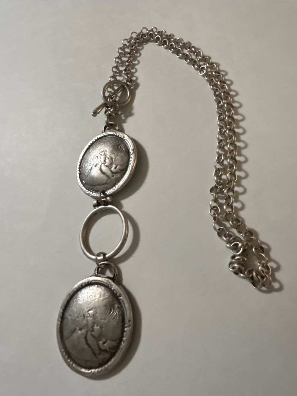 Vintage Antiqued Silver Trojan Intaglio Coin Cameo Toggle Necklace